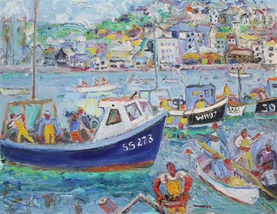 Linda Weir (1949-) Men coming home, St Ives Harbour, June 08 36 x 46cm.